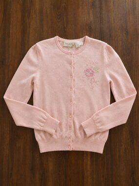 Fieldgear Tussah Silk Cardigan Women's Small Pink Floral Rhinestone Silk Lined
